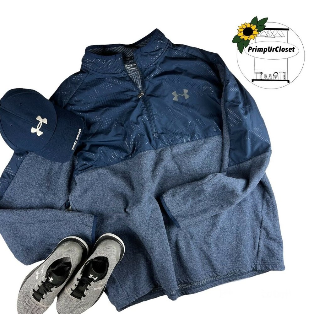 UNDER ARMOUR Size 2XL ColdGear Blue PULLOVER 1/4 Zip Fleece Lined Digi Camo